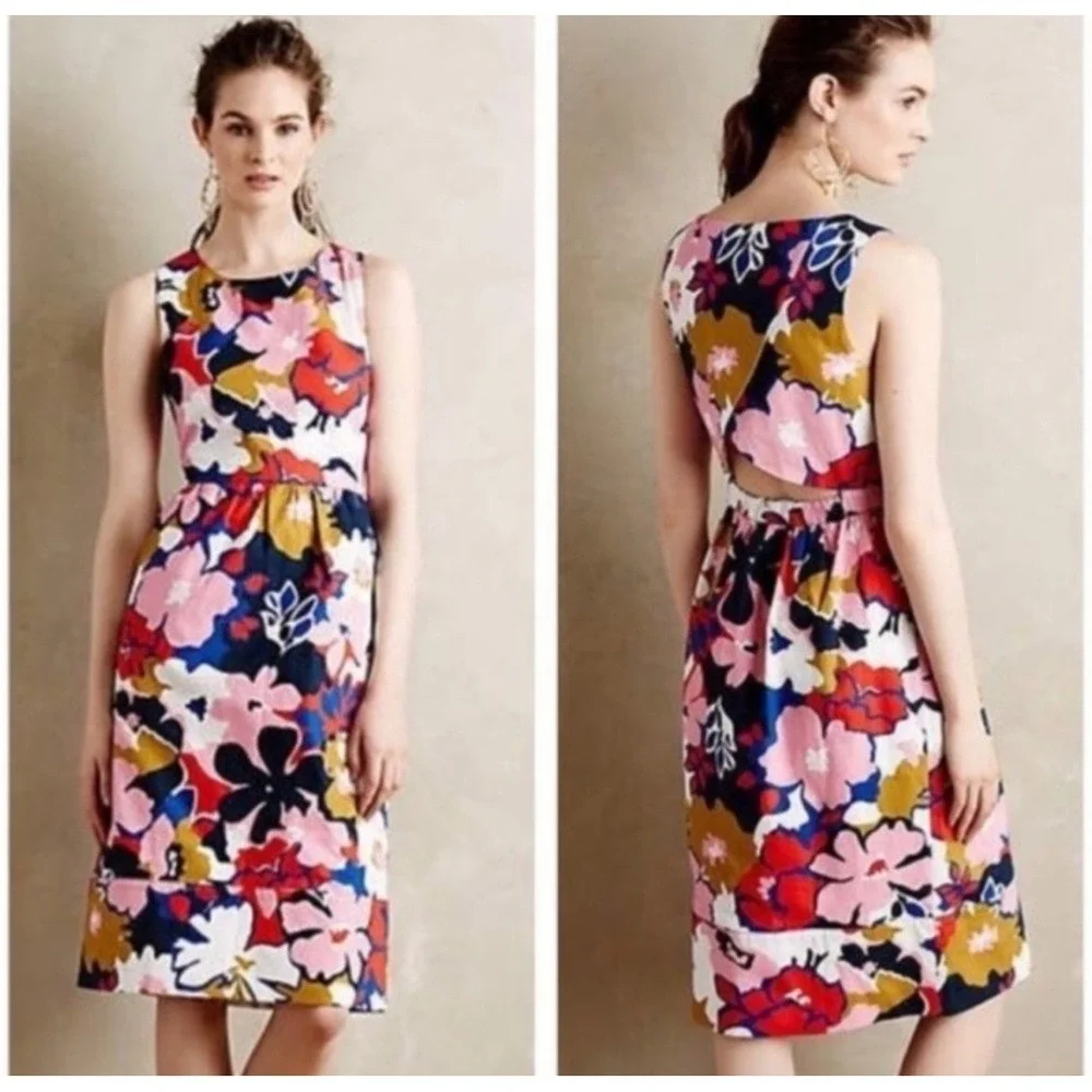 Anthropologie‎ Whit Two Dress Womens SZ 0 Petal Print Cross-back Midi Shift EUC